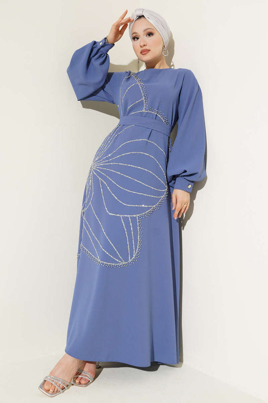 Indigo Evening Dress with Stone Flower Embellishments