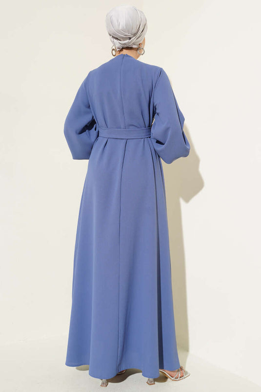 Indigo Evening Dress with Stone Flower Embellishments