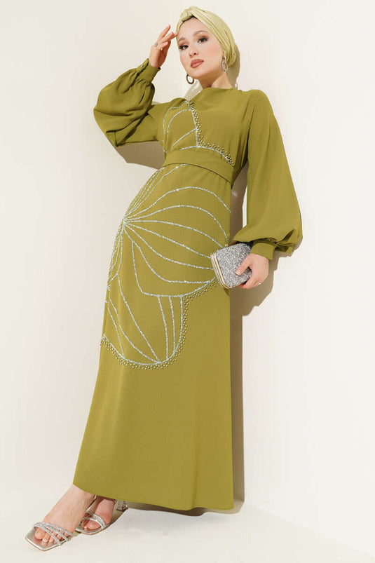 Stone Flower Embellished Evening Dress in Olive Green