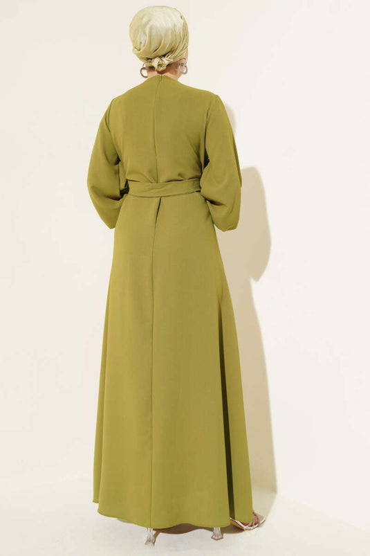 Stone Flower Embellished Evening Dress in Olive Green