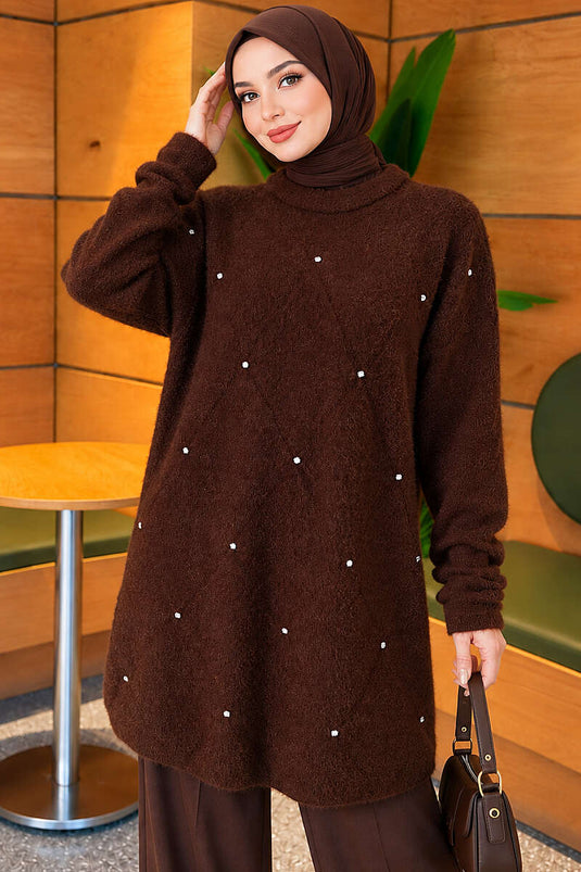 Taş Detaylı Angora Tunik Kahve