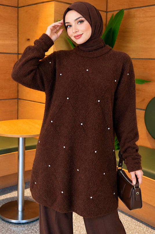 Taş Detaylı Angora Tunik Kahve