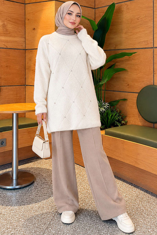 Taş Detaylı Angora Tunik Kemik
