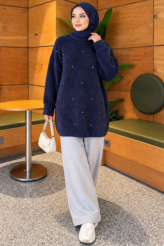 Taş Detaylı Angora Tunik Lacivert