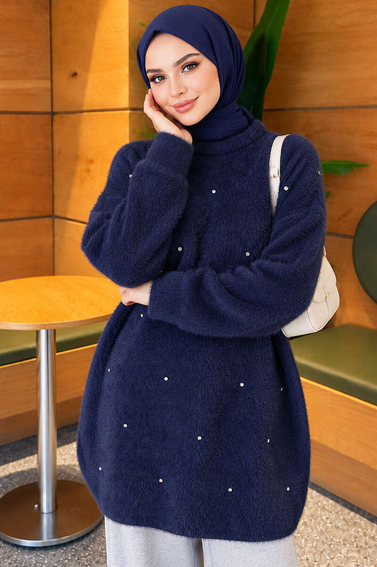 Taş Detaylı Angora Tunik Lacivert