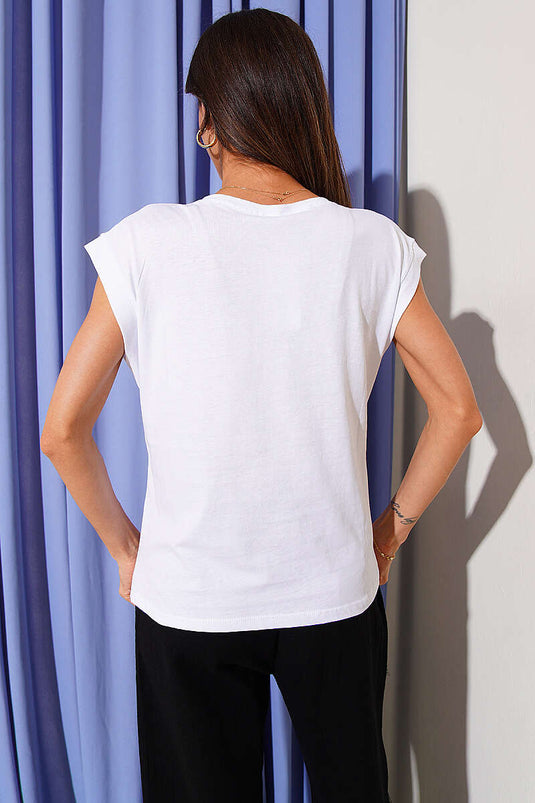 Basic-T-Shirt mit Stein-Details Weiß
