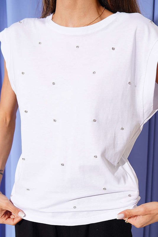 Basic-T-Shirt mit Stein-Details Weiß