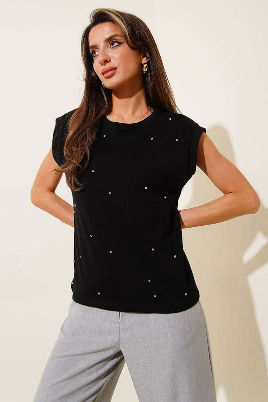 Stone Detailed Basic T-shirt Black