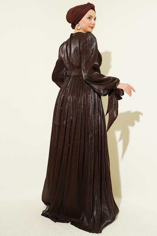 Stone-Embellished Draped Evening Dress in Dark Brown