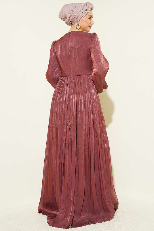 Stone-Detail Draped Evening Dress in Dusty Rose