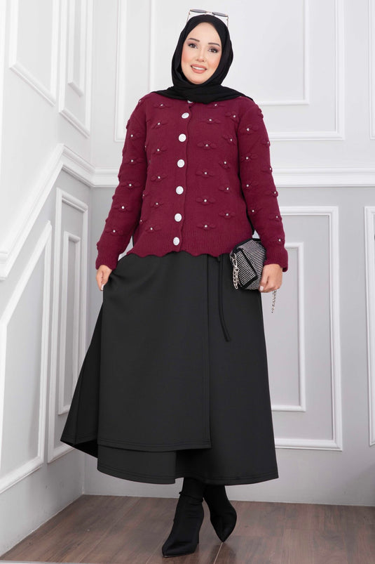 Gilet Court En Angora Bordeaux À Boutons Ornés