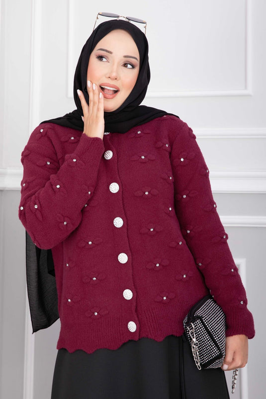 Gilet Court En Angora Bordeaux À Boutons Ornés
