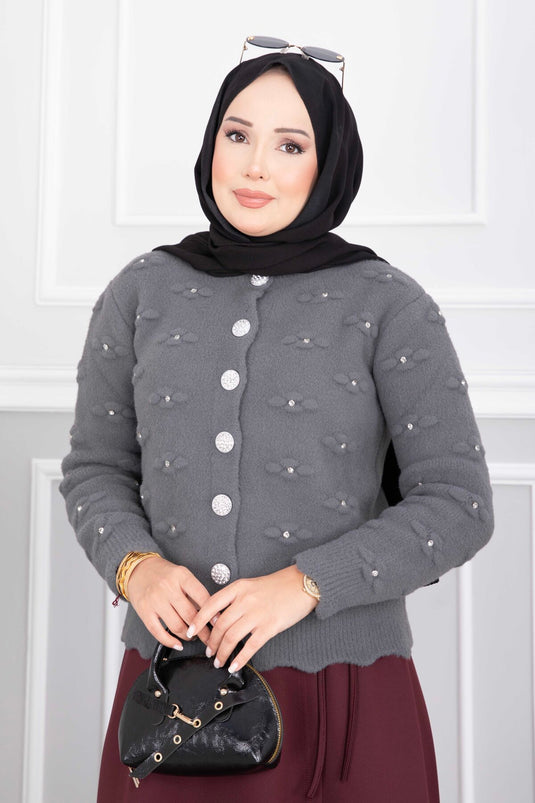 Gilet Court En Angora Avec Boutons Et Détails De Pierres, Couleur Fumée