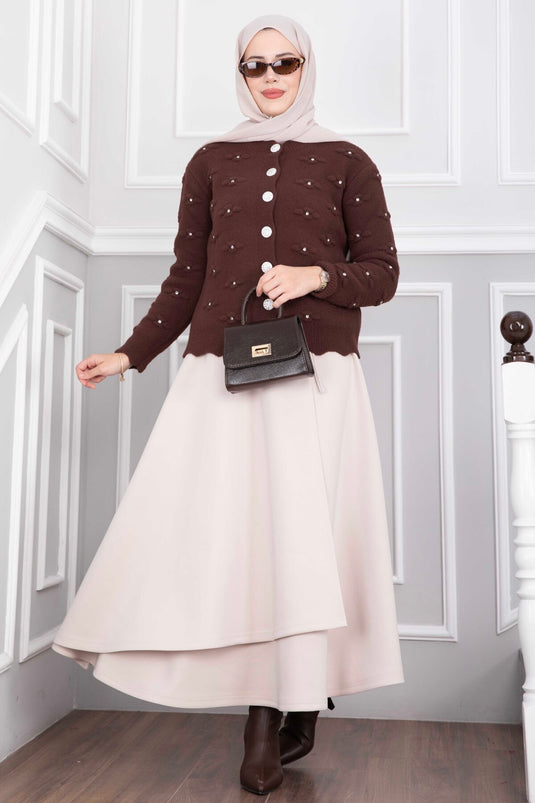Kurzer Angora-Cardigan Mit Stein-Details Und Knöpfen - Kaffee