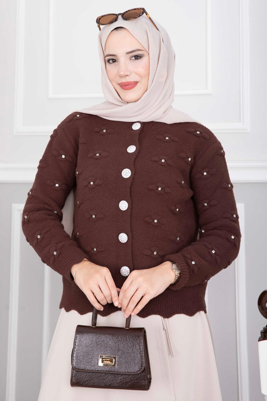 Gilet Court En Angora Avec Détails En Pierre Et Boutons - Café
