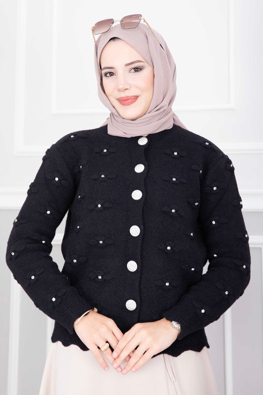Gilet Court En Angora Avec Boutons Et Détails En Pierre Noir