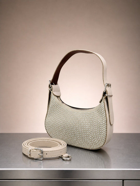 Stone Detailed Hand & Shoulder Bag Beige