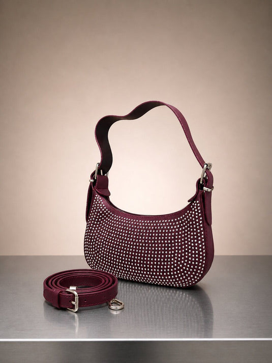 Stone-Detail Hand & Shoulder Bag Burgundy
