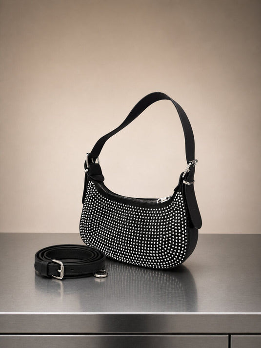 Stone-Detail Hand & Shoulder Bag Black