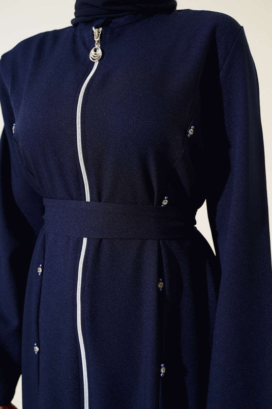 Taş Detaylı Fermuarlı Ferace Lacivert