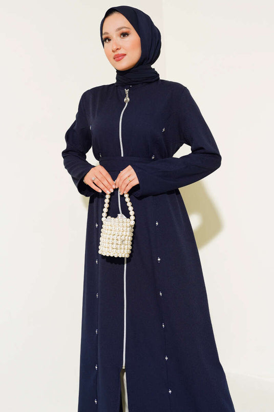 Taş Detaylı Fermuarlı Ferace Lacivert