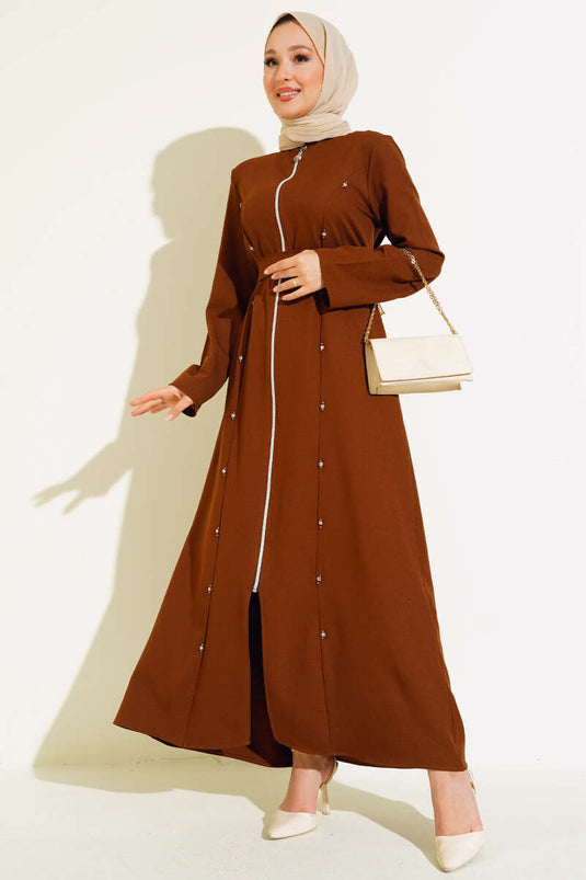 Ferace à fermeture éclair avec détails en pierre, couleur fauve