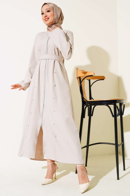 Taş Detaylı Fermuarlı Ferace Taş