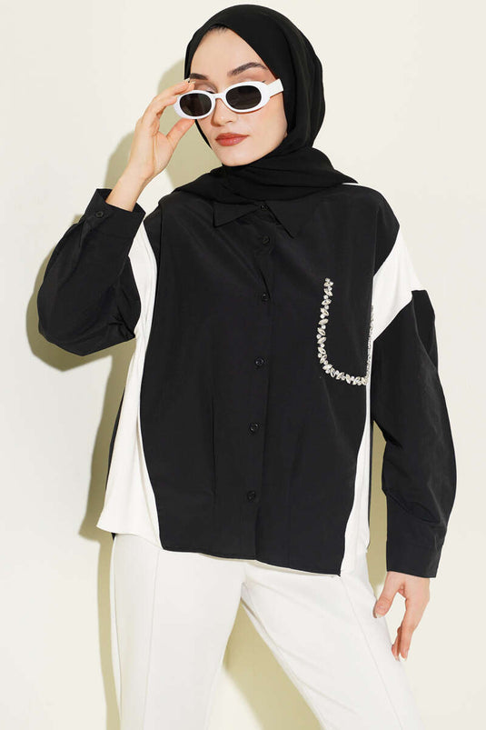 Chemise noire avec détails en pierre et garniture