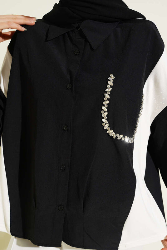 Chemise noire avec détails en pierre et garniture