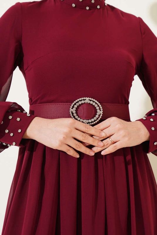 Taş Detaylı Kemerli Şifon Elbise Bordo