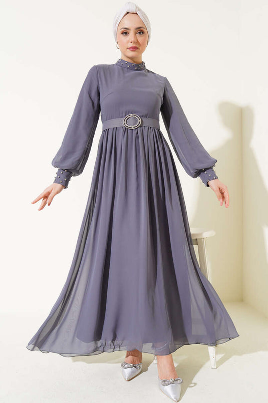 Taş Detaylı Kemerli Şifon Elbise Kayrak Grisi