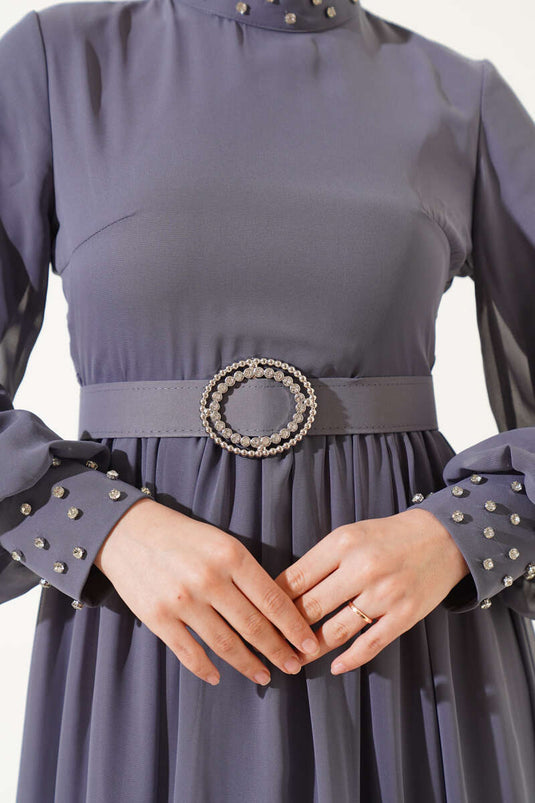 Taş Detaylı Kemerli Şifon Elbise Kayrak Grisi