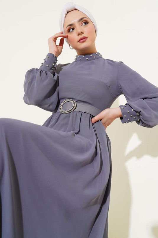 Taş Detaylı Kemerli Şifon Elbise Kayrak Grisi