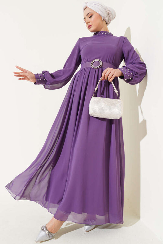 Stone Detailed Belted Chiffon Dress Lilac