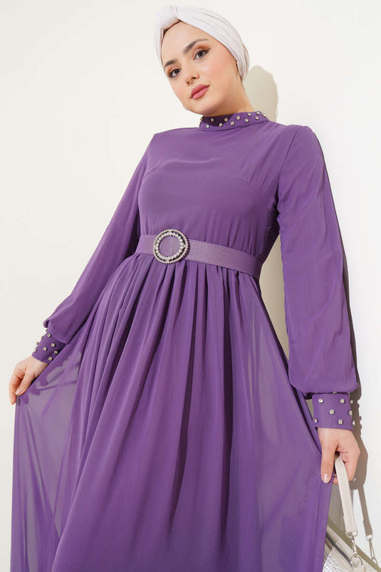 Stone Detailed Belted Chiffon Dress Lilac
