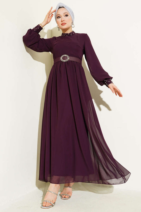 فستان شيفون بحزام وتفاصيل حجرية، لون أرجواني