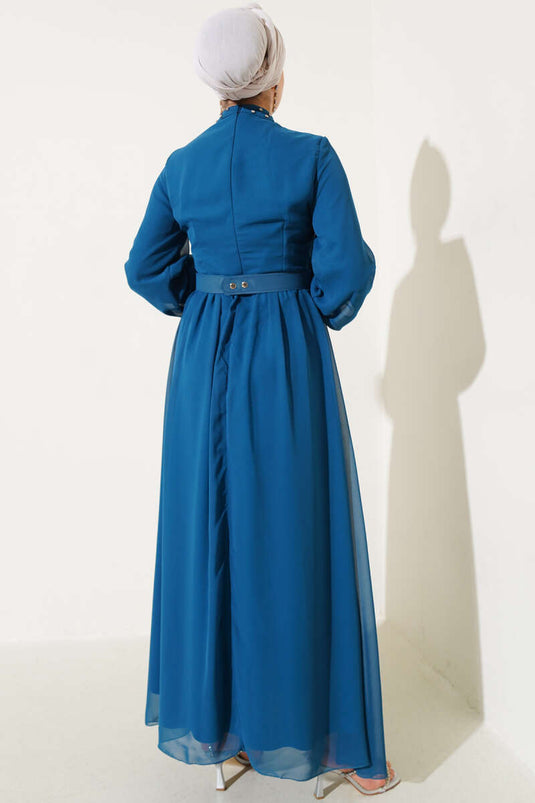 Stone Detailed Belted Chiffon Dress Petrol