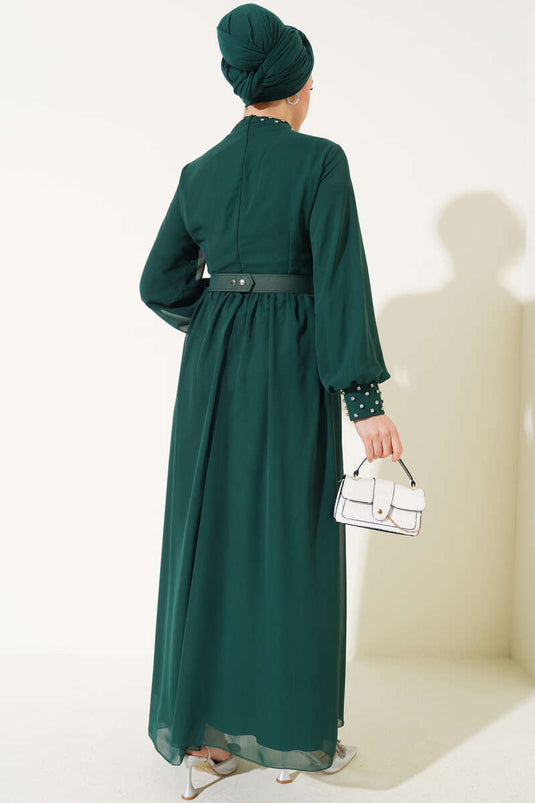 Stone Detailed Belted Chiffon Dress Emerald