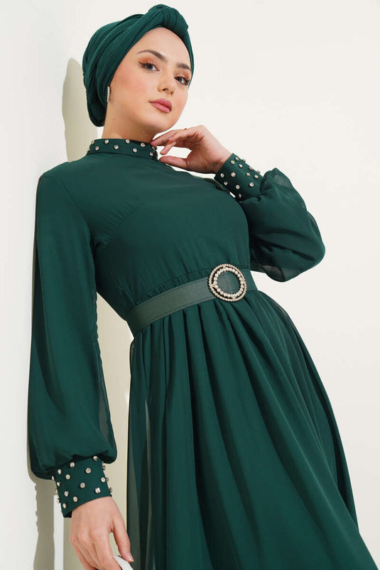 Stone Detailed Belted Chiffon Dress Emerald