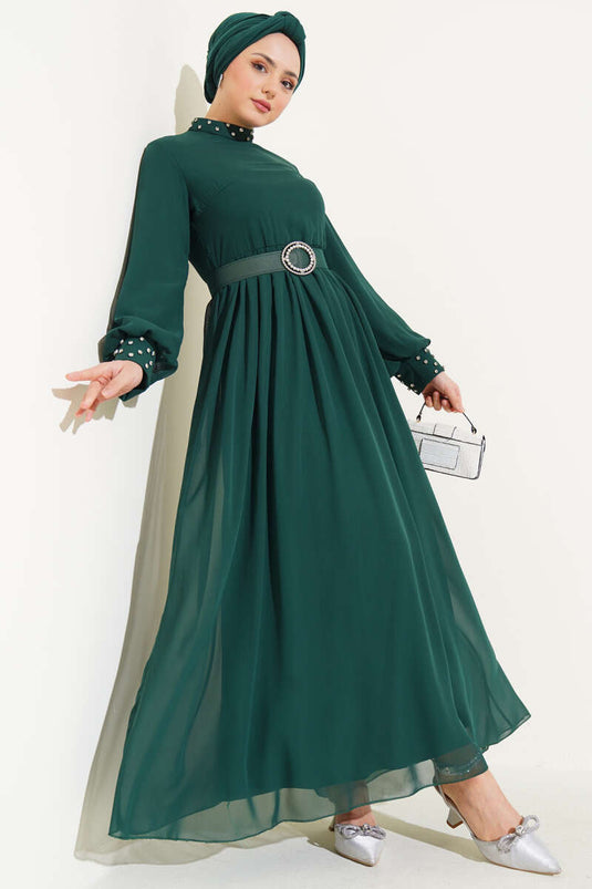 Stone Detailed Belted Chiffon Dress Emerald