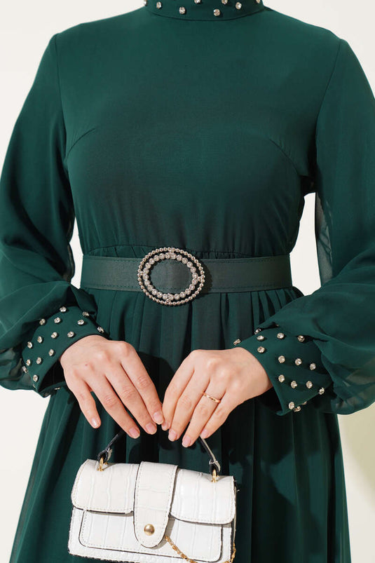 Stone Detailed Belted Chiffon Dress Emerald