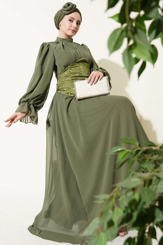 Stone-Detail Corset Evening Dress Khaki