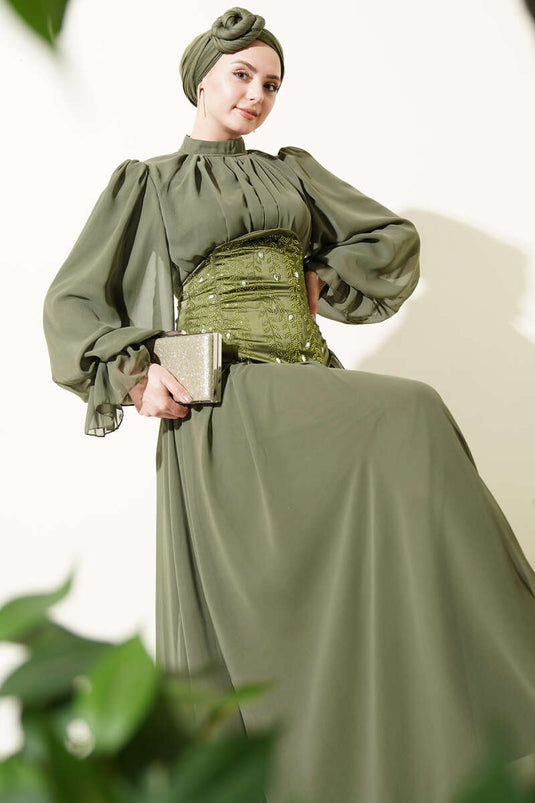 Stone-Detail Corset Evening Dress Khaki