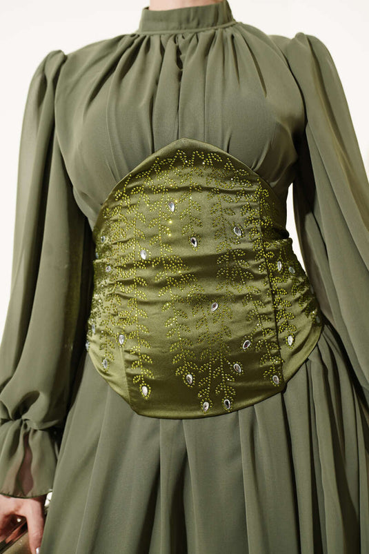 Stone-Detail Corset Evening Dress Khaki