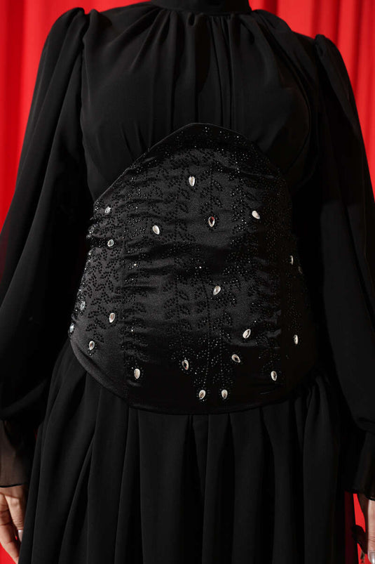Taş Detaylı Korseli Abiye Elbise Siyah