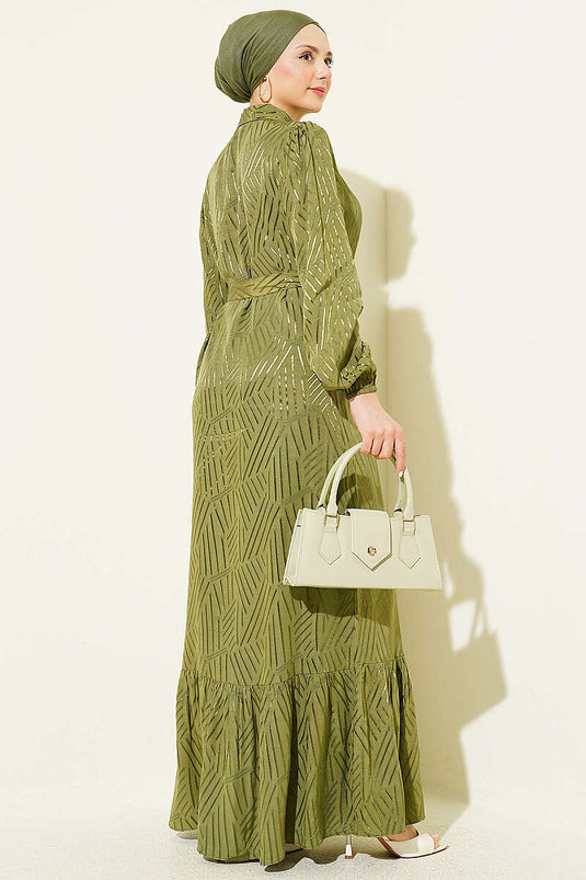 Robe jacquard ceinturée avec détails en pierre, vert avocat