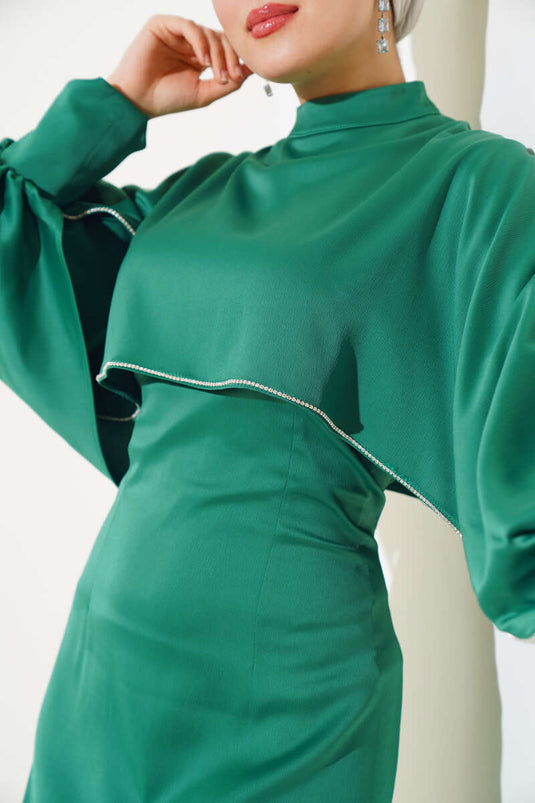 Taş Detaylı Pelerin Elbise Yeşil