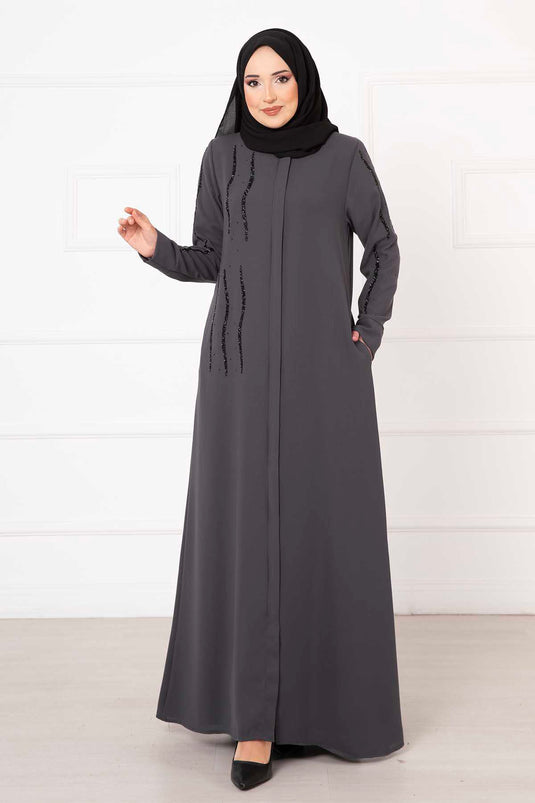 Stone Detailed Honeycomb Abaya Anthracite