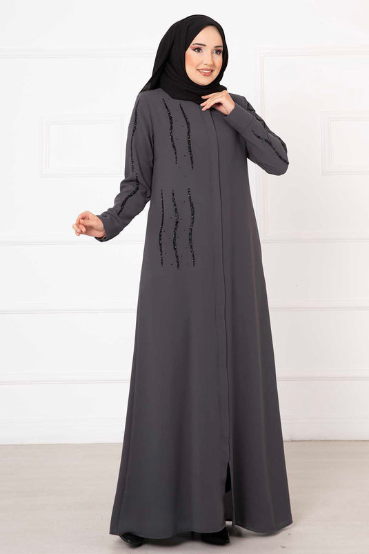 Stone Detailed Honeycomb Abaya Anthracite