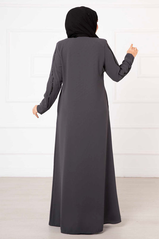 Stone Detailed Honeycomb Abaya Anthracite
